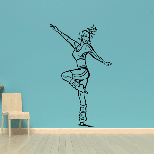 Fitness wall vinyl decal of teal athletic woman stretching with one arm extended