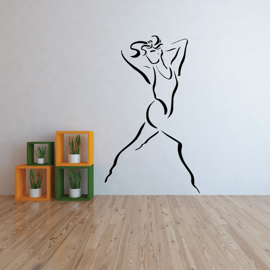 Fitness wall vinyl decal with black line-art woman fitness pose