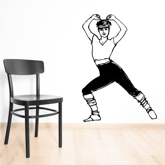 Fitness wall decal with black line art of a woman exercising in a squat pose
