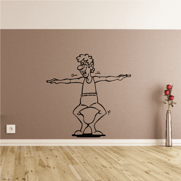 Fitness wall decal vinyl: cartoon woman stretching with arms out and legs bent