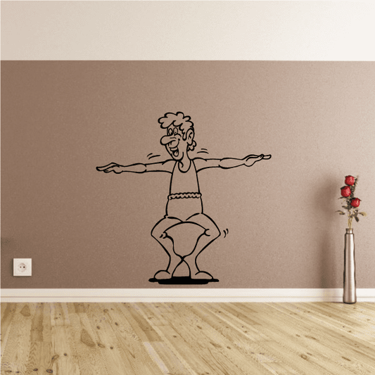 Fitness wall decal vinyl: cartoon woman stretching with arms out and legs bent