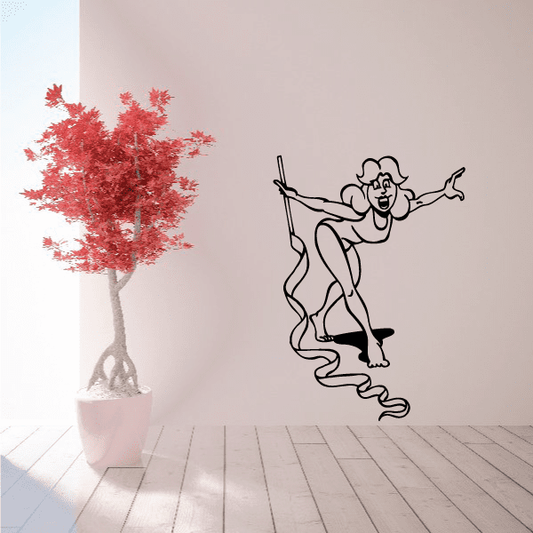 Fitness wall decal of cartoon woman jump roping in black line art