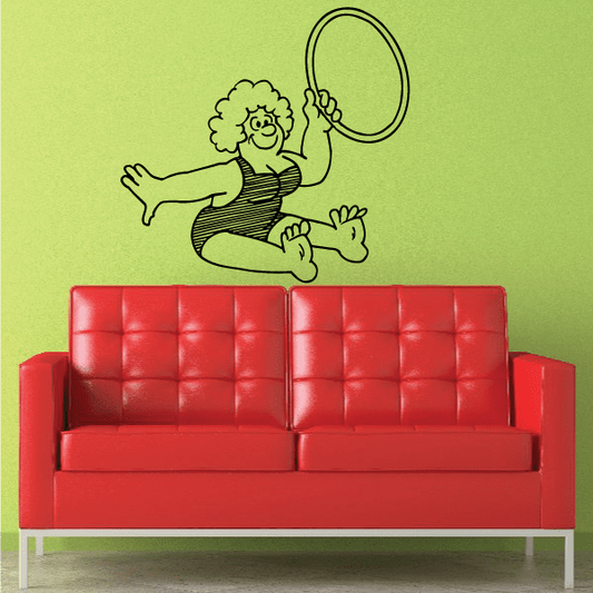 Fitness wall decal: black outline cartoon person exercising with large hoop ring