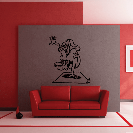 Fitness wall decal of cartoon strongwoman posing on a platform with one arm raised