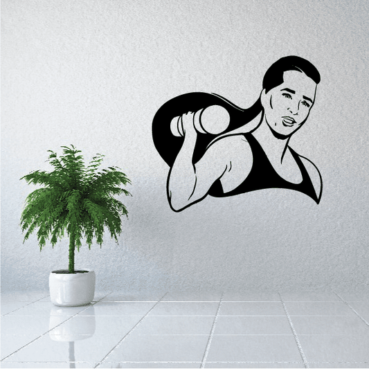 Vinyl wall decal of a woman holding dumbbells, black silhouette