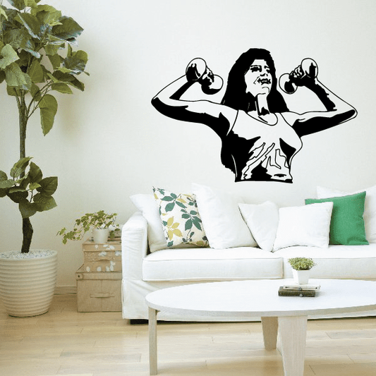 Fitness wall decal of black woman lifting dumbbells with arms out