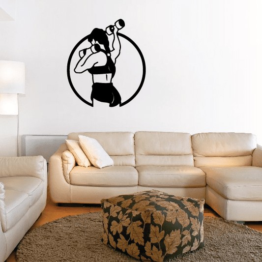 Fitness wall decal vinyl: black circular gym fitness silhouette holding dumbbells.