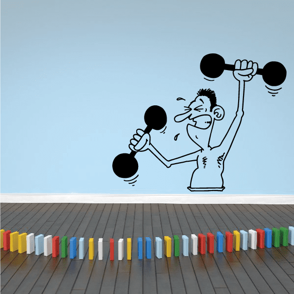 Vinyl wall decal featuring cartoon weightlifter holding dumbbells