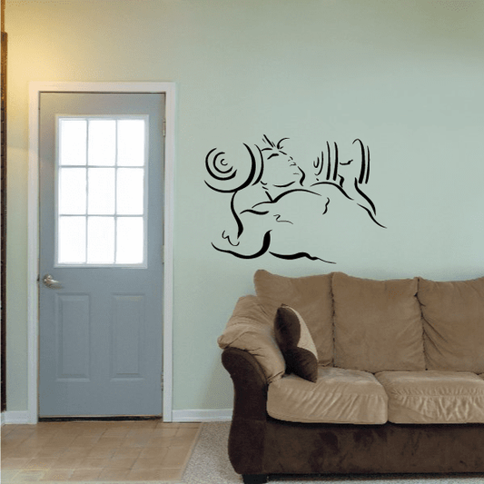 Muscular body fitness wall vinyl decal in black, with dumbbell and motion lines