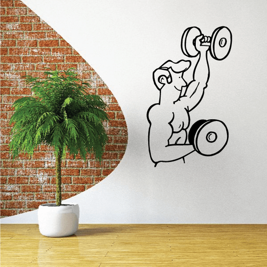 Fitness wall decal of a weightlifter lifting dumbbells, black outline