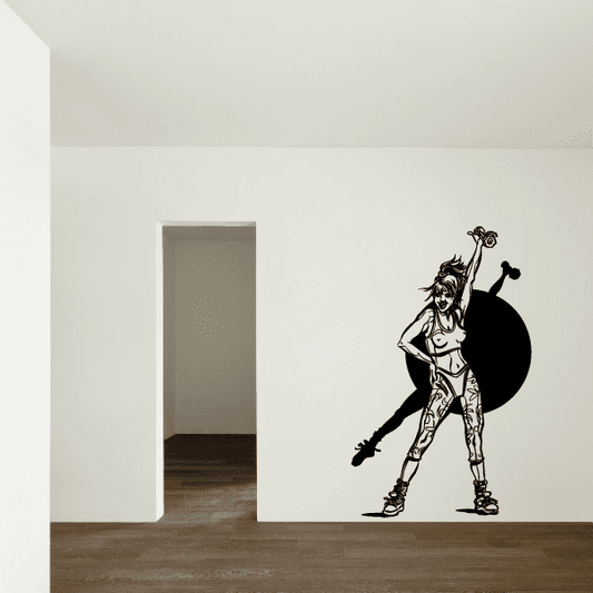 Fitness woman silhouette vinyl wall decal with circular background