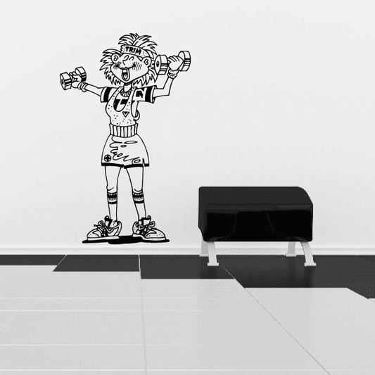 Fitness wall decal of cartoon strength character holding dumbbells