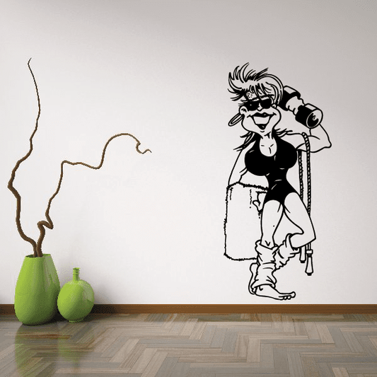 Fitness wall decal sticker of cartoon woman in workout gear holding a dumbbell