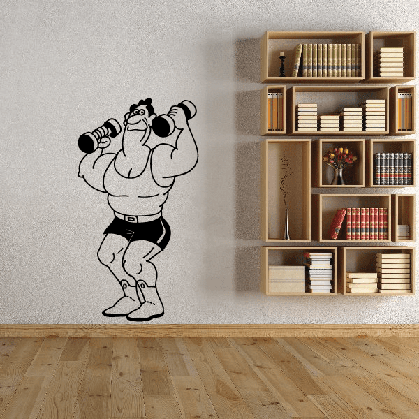 Fitness wall decal vinyl with cartoon bodybuilder lifting dumbbells, black outline design