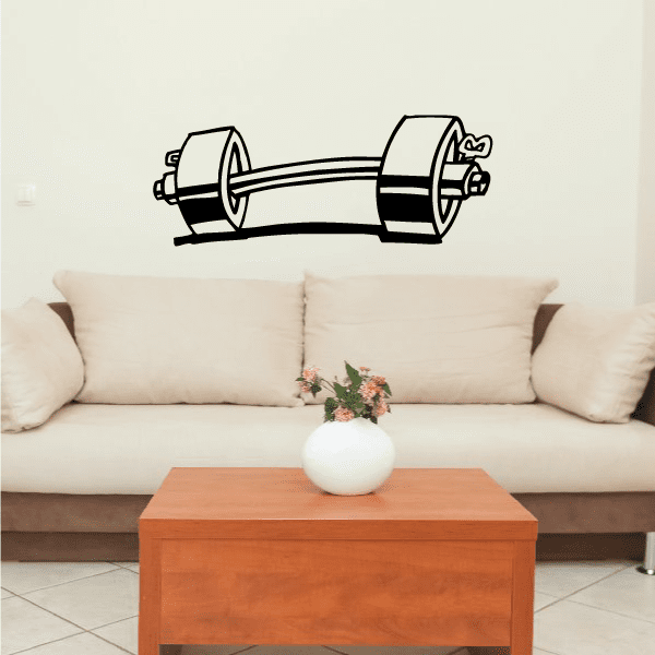 Barbell dumbbell weight vinyl wall decal in black and white, centered on a wall