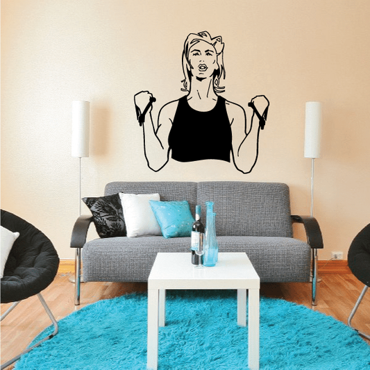Vinyl wall decal of a fitness woman lifting dumbbells, black outline.