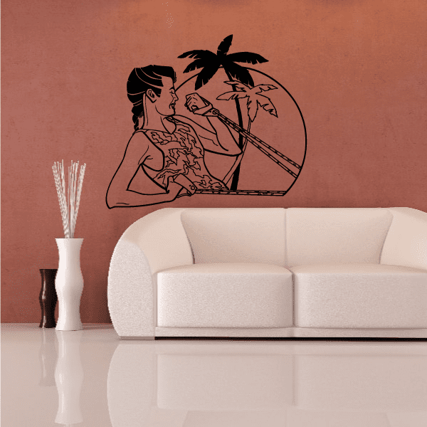 Workout-themed vinyl wall decal, black outline of person lifting weights with palm leaves