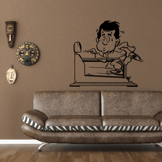 Fitness wall decal of a cartoon man using a weight bench, black and white.