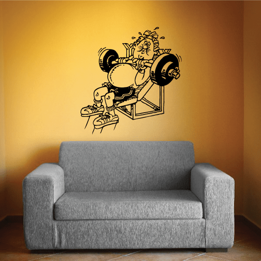Vinyl fitness wall decal: cartoon bodybuilder lifting barbell weights