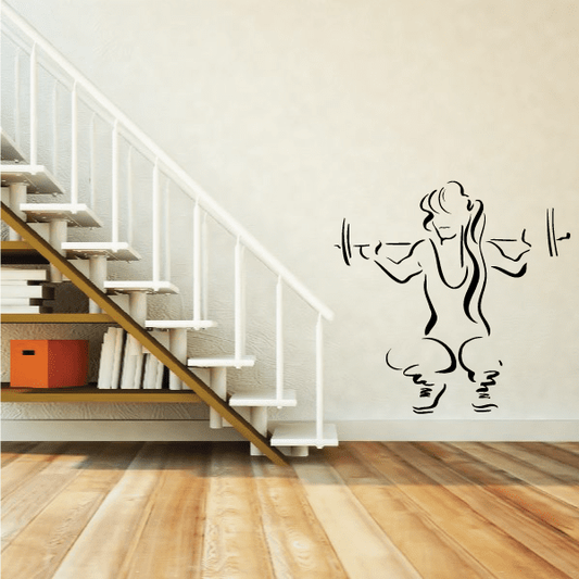 Fitness wall decal vinyl with black line-art female weightlifter silhouette