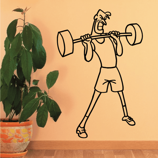 Weightlifter vinyl wall decal with cartoon body holding a barbell and dumbbells