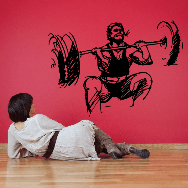 Fitness barbell exercise vinyl wall decal with silhouetted lifter figure, dark outline