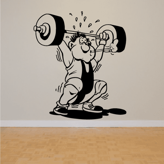 Weightlifter cartoon wall decal with barbell and dumbbell weights, black and white