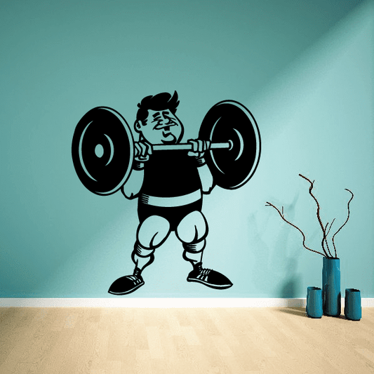 Fitness wall decal of black cartoon weightlifter holding barbell