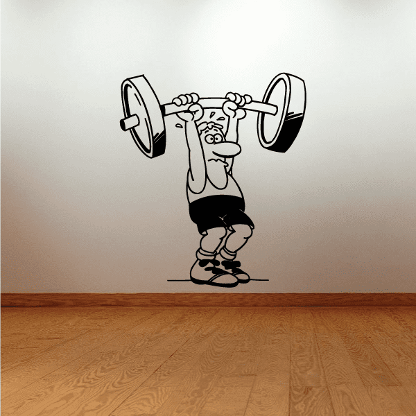 Fitness wall decal of cartoon weightlifter lifting barbell above head