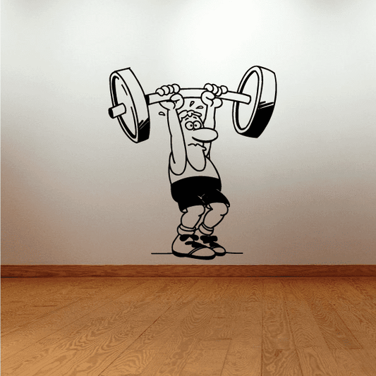 Fitness wall decal of cartoon weightlifter lifting barbell above head