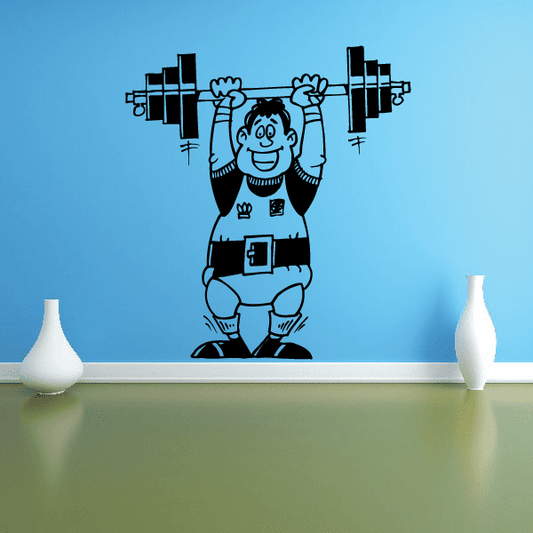Fitness wall decal vinyl featuring smiling man holding dumbbells illustration