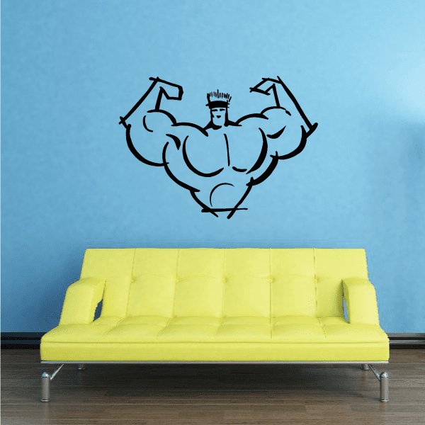 Fitness wall vinyl decal: black outline of flexing bodybuilder with dumbbells