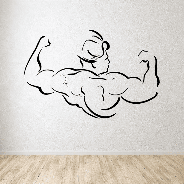 Fitness wall decal of flexing muscular biceps pose, black vinyl outline