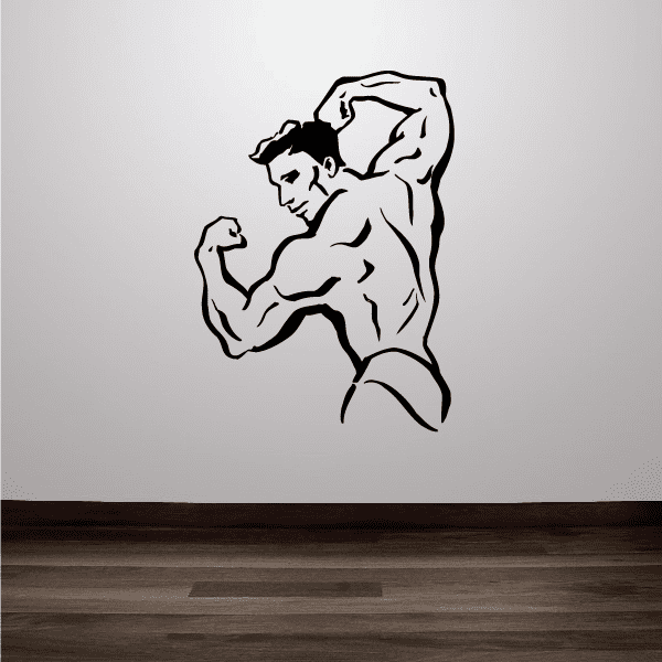 Fitness wall decal featuring a muscular man flexing his arms
