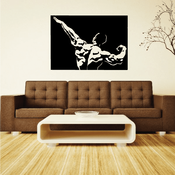 Fitness vinyl wall decal, white action silhouette on black rectangle backing