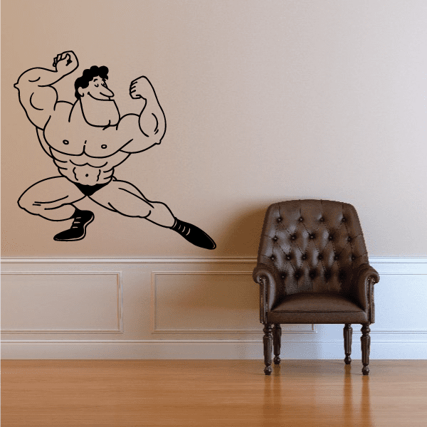 Fitness wall decal with black line-art bodybuilder flexing arms and holding a dumbbell