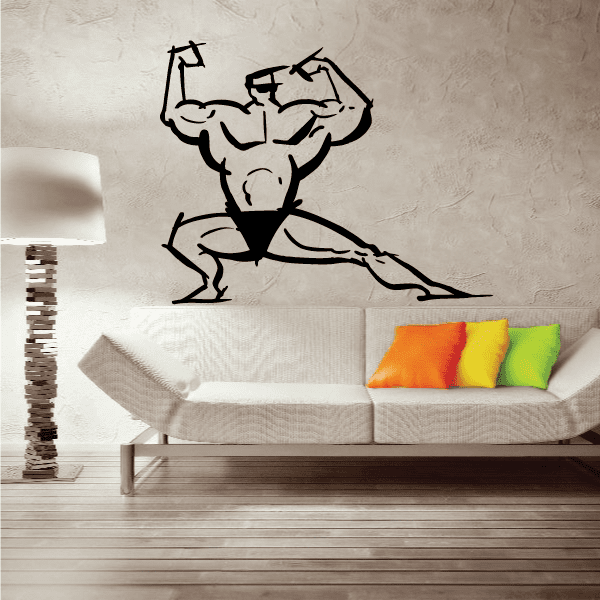 Fitness wall decal vinyl sticker of flexing bodybuilder silhouette, black