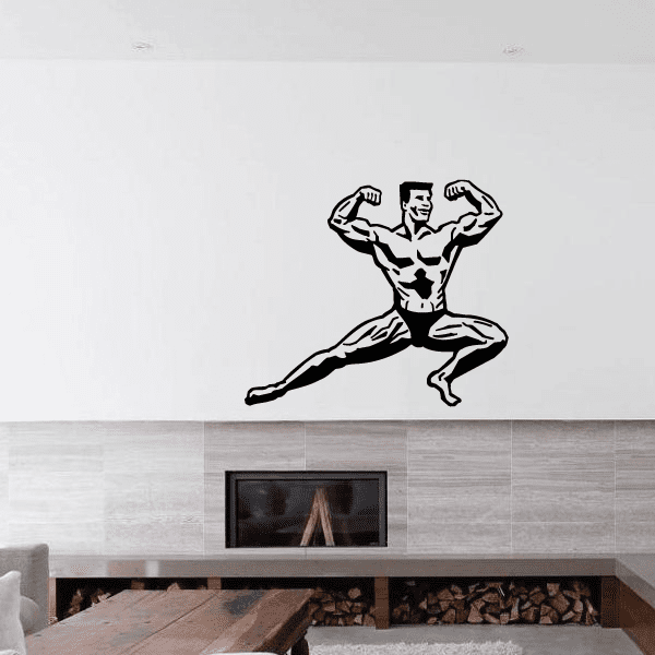 Fitness wall decal with flexing bodybuilder silhouette