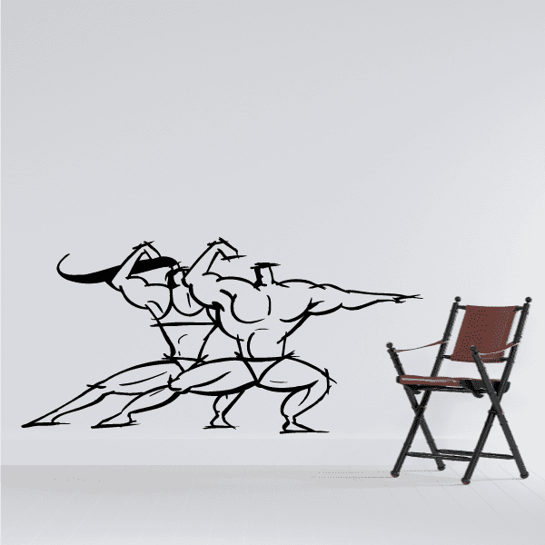 Fitness wall decal with flexing cartoon bodybuilder and folding chair
