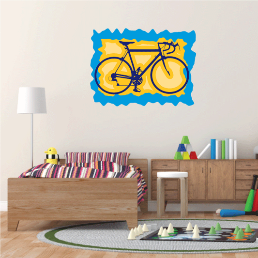 Bicycle wall sticker, yellow with blue border and black fixed-gear bike design