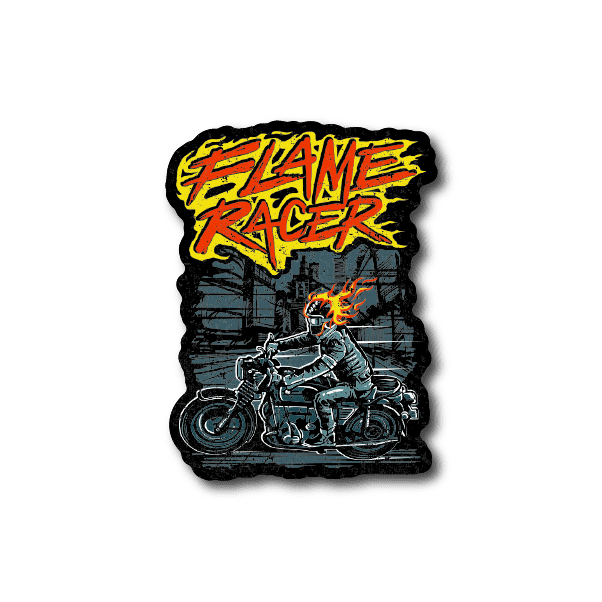 Flame Racer motorcycle vinyl sticker with flame lettering and rider bike graphic