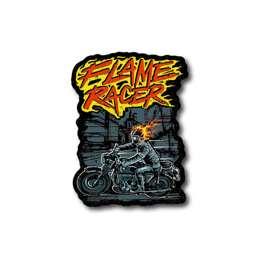 Flame Racer motorcycle vinyl sticker with flame lettering and rider bike graphic