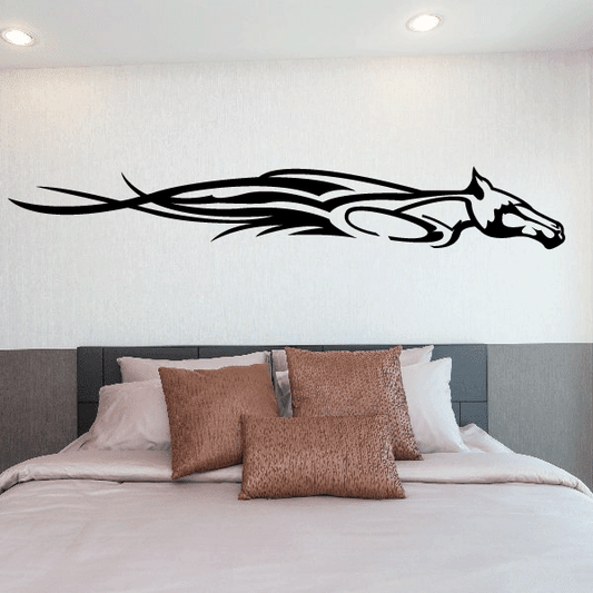 Sprinting horse head flame wall decal in black and white