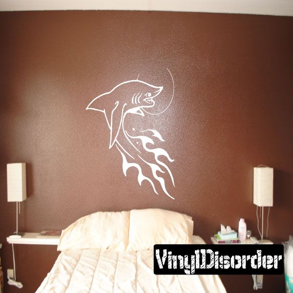 Flame tail shark decal, white outline with flaming tail on wall