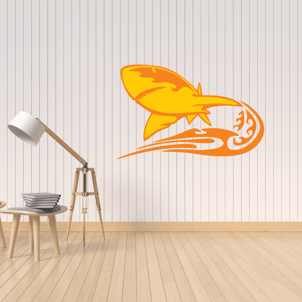 Flame turning shark wall decal with orange flames and a yellow shark silhouette