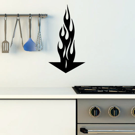 Flame arrow wall decal, black silhouette with stylized orange flame tips