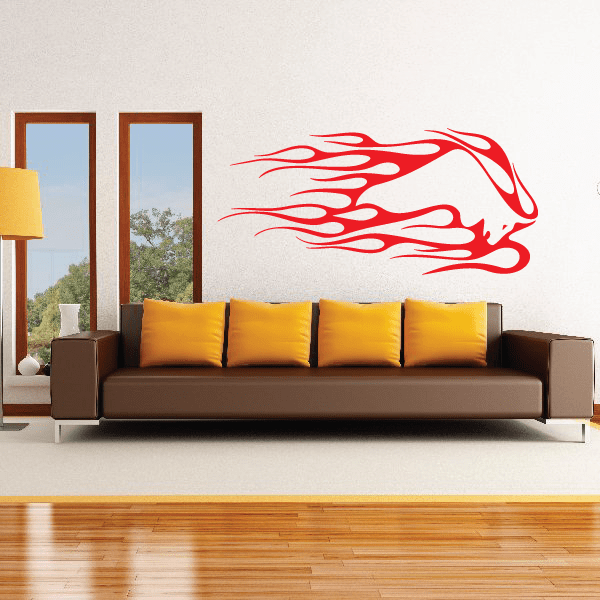 Red flaming charging bull wall decal with flame-trimmed outline.