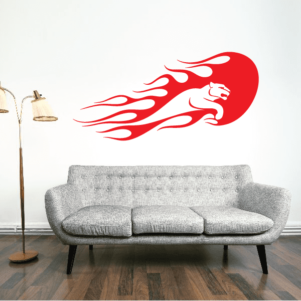 Red flaming cougar decal with roaring face and flames on a light background