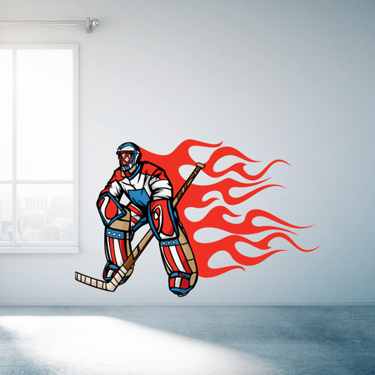 Image of Flaming Hockey Player Wall Decal - Vinyl Sticker - Car Sticker - Die Cut Sticker - CDSCOLOR185