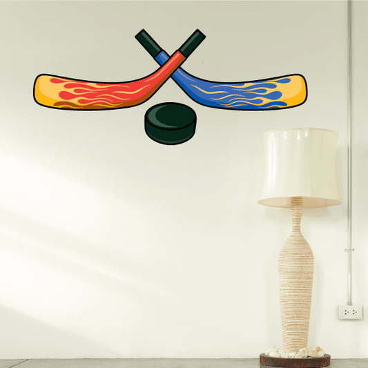 Image of Flaming Hockey Player Wall Decal - Vinyl Sticker - Car Sticker - Die Cut Sticker - CDSCOLOR190